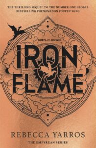 The orange front cover a book titled Iron Flame. It has outlines of dragons on it.