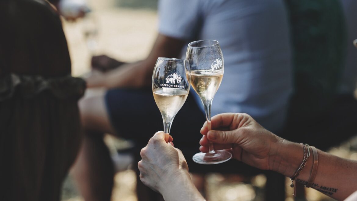 Two glasses with white wine being hit together