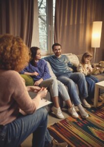 A family sitting on a sofa in a dim room talking to a therapist holding a clipboard