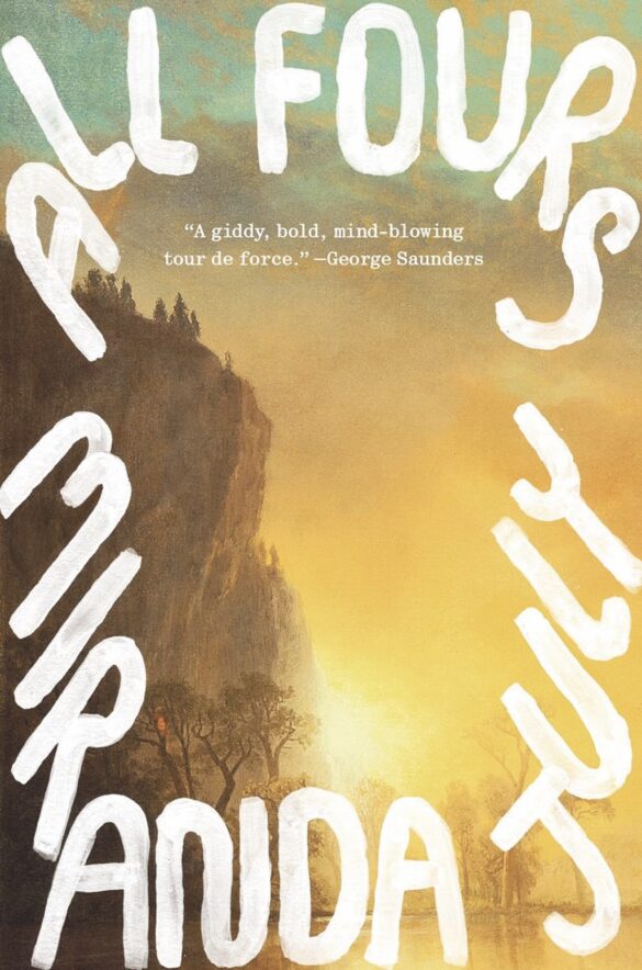 A book cover showing a drawing of a sunset next to a steep cliff. The title borders the cover and says "All Fours"