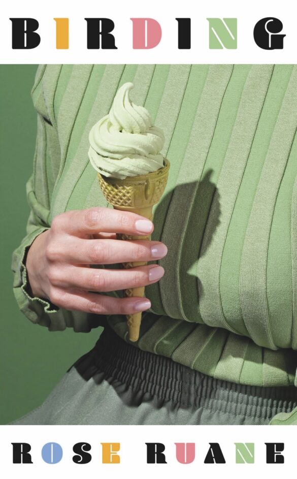 A book cover showing a person wearing green and holding a green ice cream. The title is at the top and says "Birding"