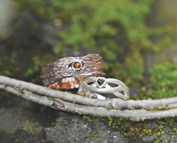 Two ornate rings inlaid with rings sitting on a mossy rock and resting against a branch