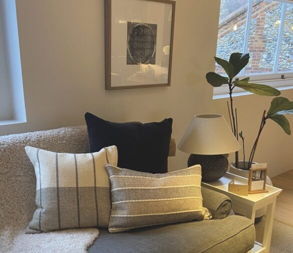 A comfortable sofa with pillows and a side table beside. On the table there is a lamp and plant