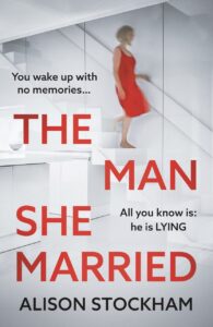 A book cover showing a woman wearing a red dress walking down white stairs. The title is in red font and says "The Man She Married"