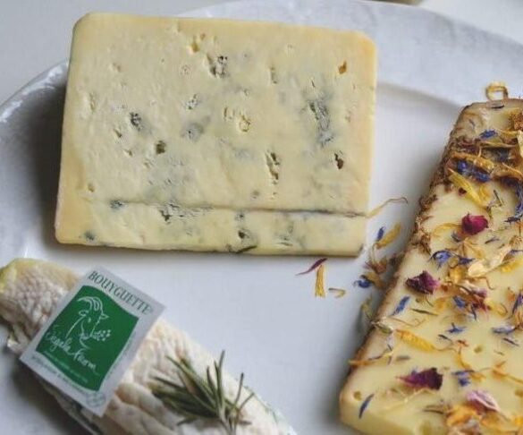 A plate of three cheeses. A wooden board with another slice of cheese sits behind
