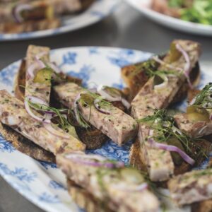 Venison garnished with green sits on a blue and white plate