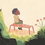 a drawing of a boy sitting on a bench surrounded by greenery