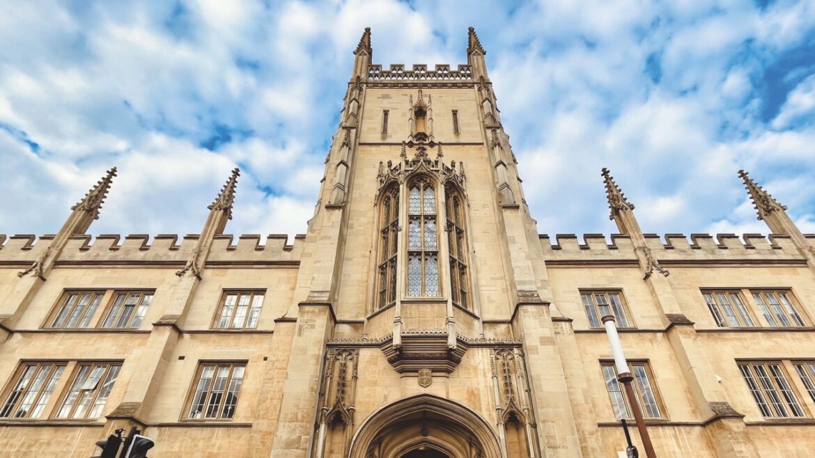 A low-down photo of a large ornate building