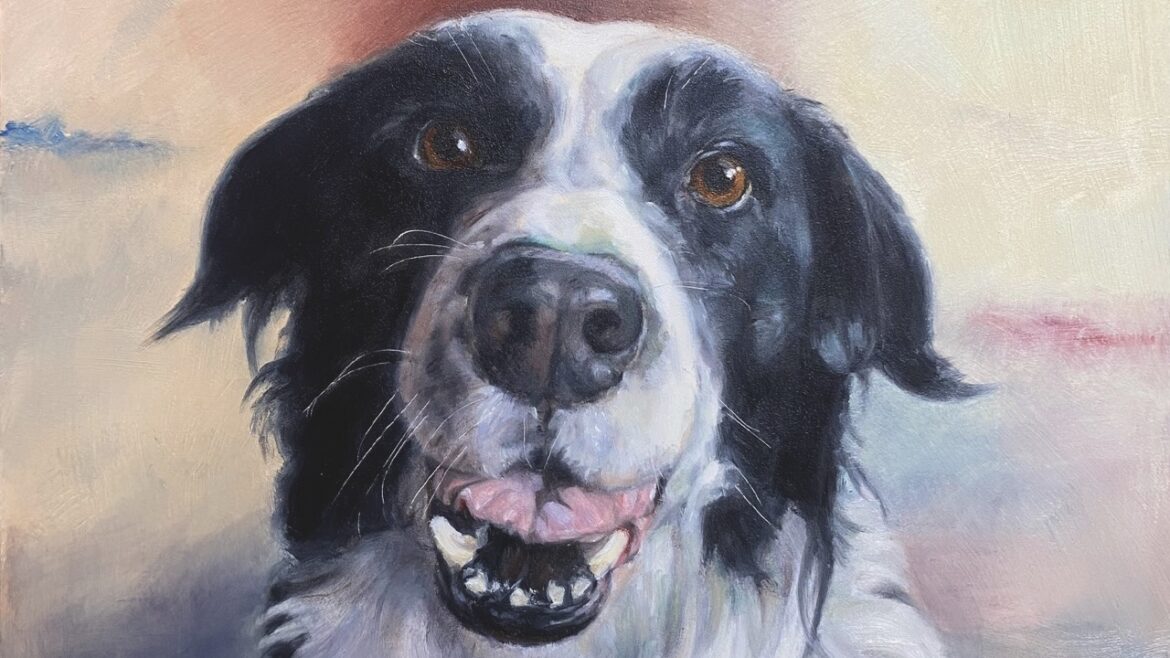 a painting of a black and white dog with its mouth open