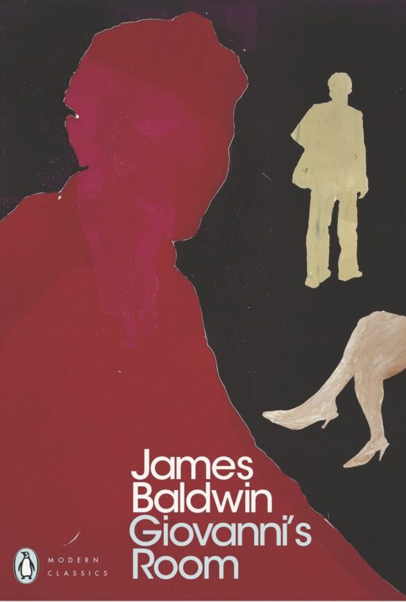A book cover showing a large red silhouette, beige legs and a small beige silhouette. The book is titled Giovanni's Room