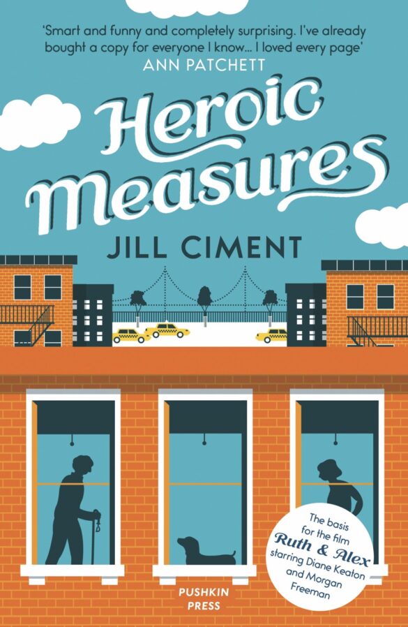 A book cover showing a drawing of silhouettes in an apartment window. The book is titled Heroic Measures
