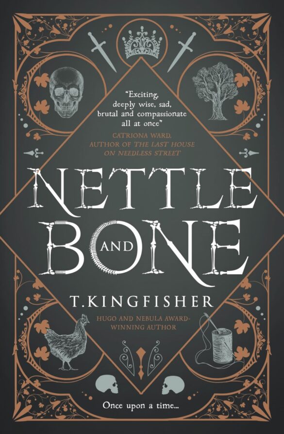 A book cover showing a diamond shape with fantasy drawings around the outside. The book is titled Nettle & Bone