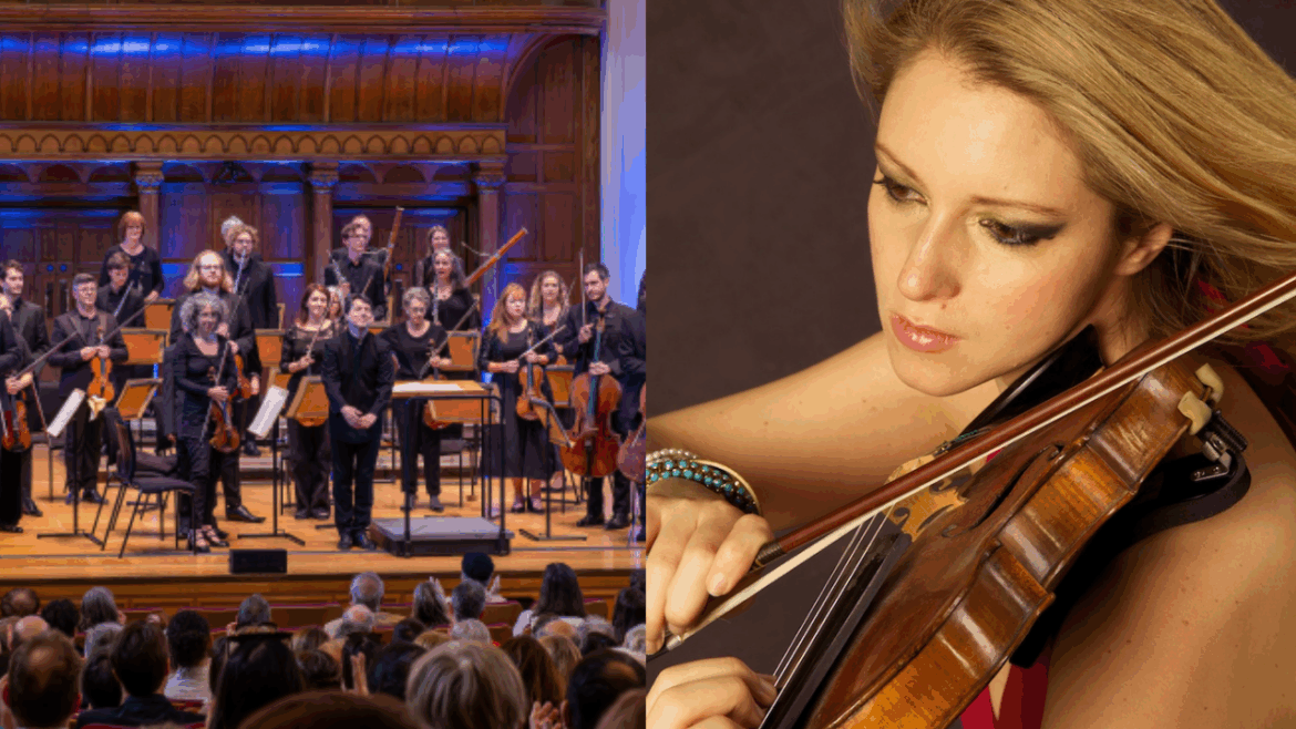 Two pictures side-by-side. The left-hand image shows an orchestra bowing onstage, while the right picture shows a blonde woman playing a violin