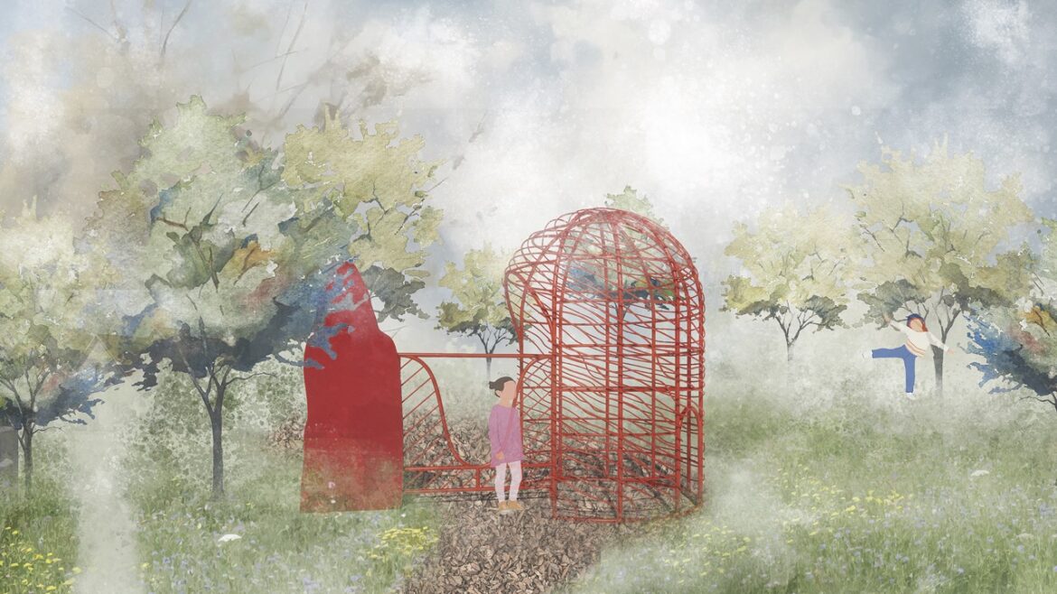 A painting of a field with a red structure in it