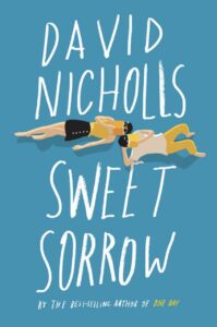 A book cover titled Sweet Sorrow with a drawing of two people lying on a blue background