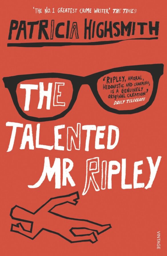 A book cover titled The Talented Mr Ripley with a red background, a pair of glasses and an outline of a body