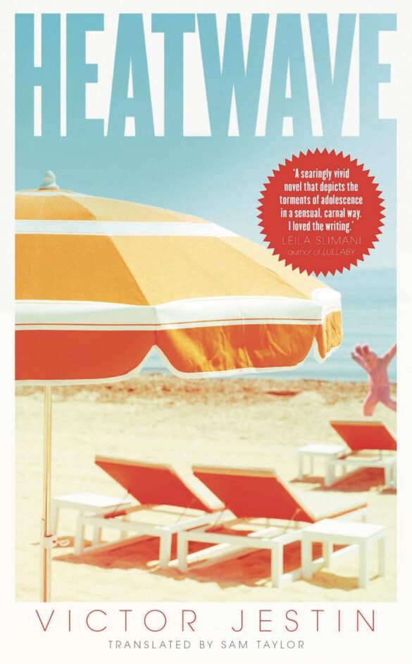 A book cover titled Heatwave with a picture of two sun lounges and an umbrella on a beach