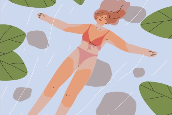 Drawing of a woman in a red bikini floating in a lake, surrounded by leaves