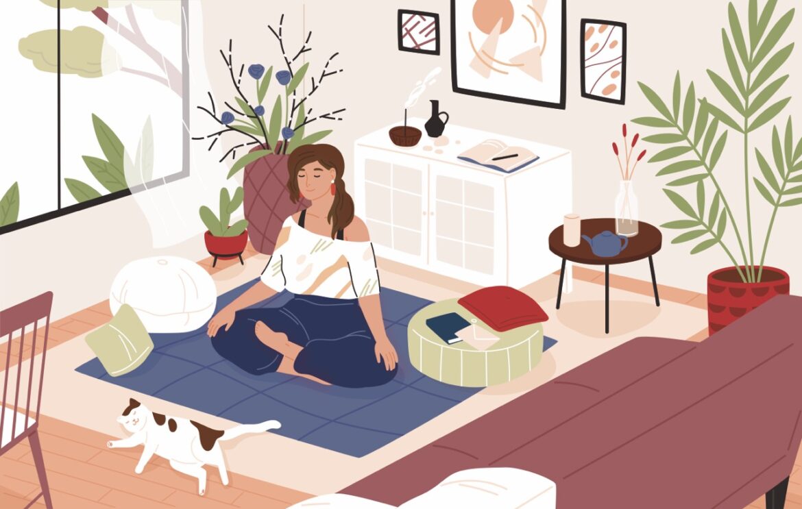 Drawing of a woman doing yoga in a living room with a cat resting in front of her