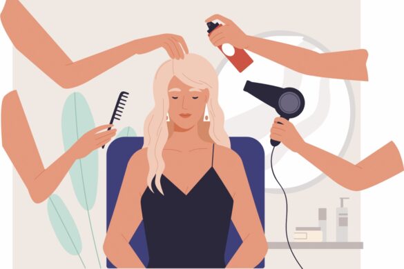 A drawing of a woman sitting in a salon with multiple hands fixing her hair