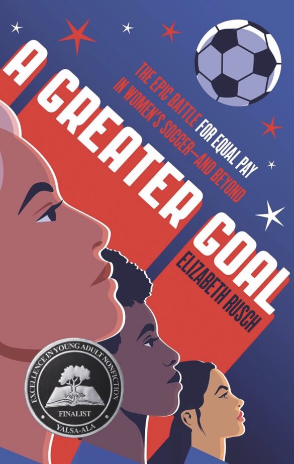 Front cover of a book titled A Greater Goal with an illustration showing a line of people looking at a football in the sky