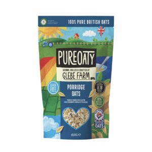 A packet of oats from Glebe Farm with bright packaging, against a white background
