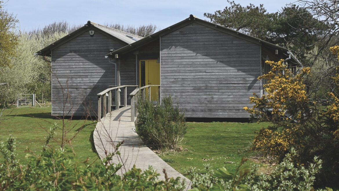 Two wooden lodges with a curved wooden path leading to a door
