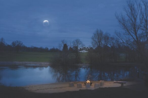 A fire on the bank of a moonlit lake, surrounded by trees