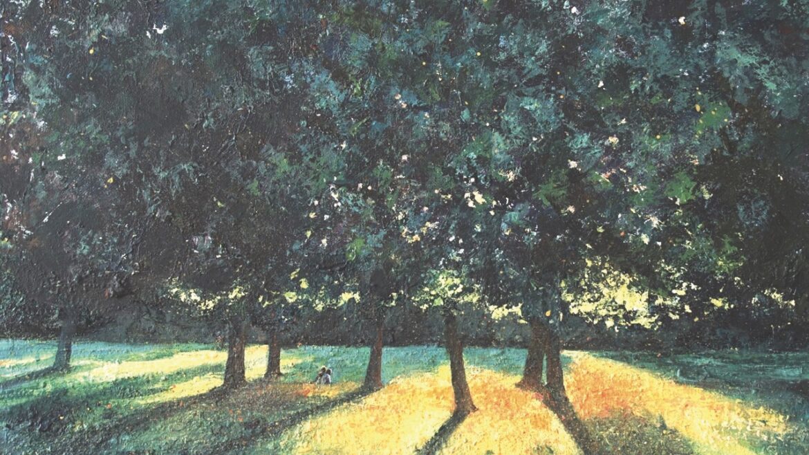 Artwork of light streaming through a line of trees