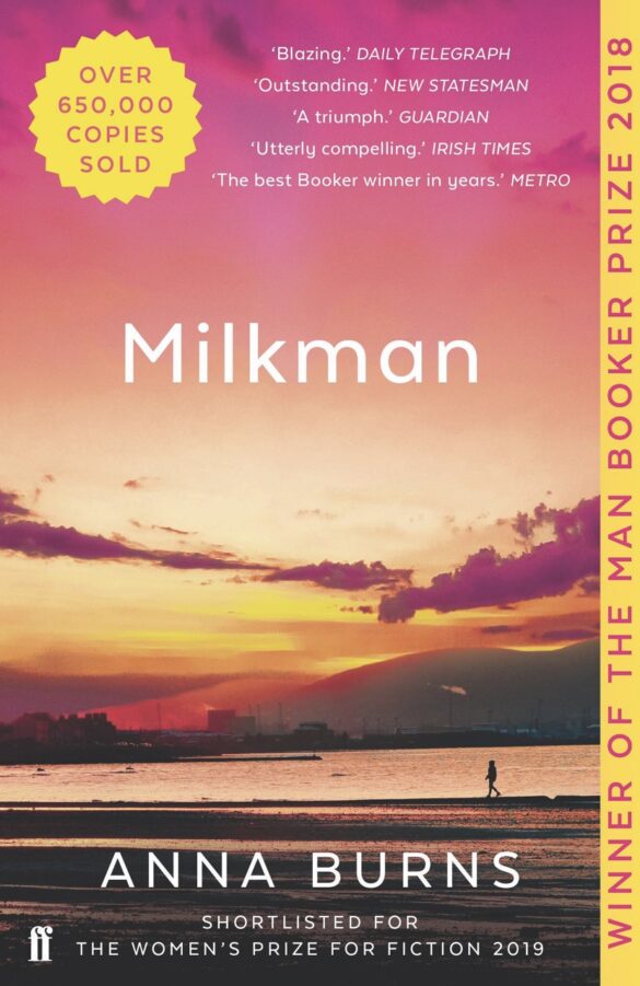 The front cover of a book called Milkman, showing a sunset skyline against water