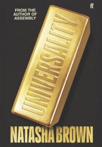 The front cover of a book called Universality, with a gold bar across the front