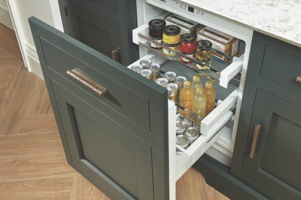 Tom Howley recommends a small under-counter space An open draw in a kitchen showing a home bar