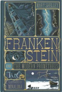 The front cover of a book titled Frankenstein with gothic drawings on the front