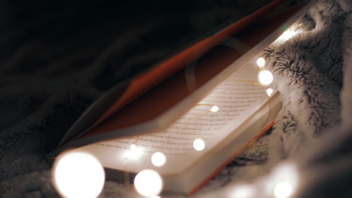 A half-closed book with a red cover and fairy lights strewn over it. It is placed on a fluffy rug