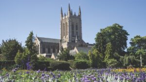 A view of the beautiful flowers in Abbey Gardens and the historic St. Edmundsbury Cathedral