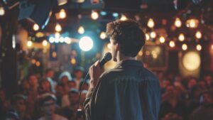 Young male comedian performing his stand-up monologue on a stage of a small venue