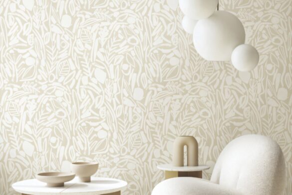 A living room with modern furniture in white hues