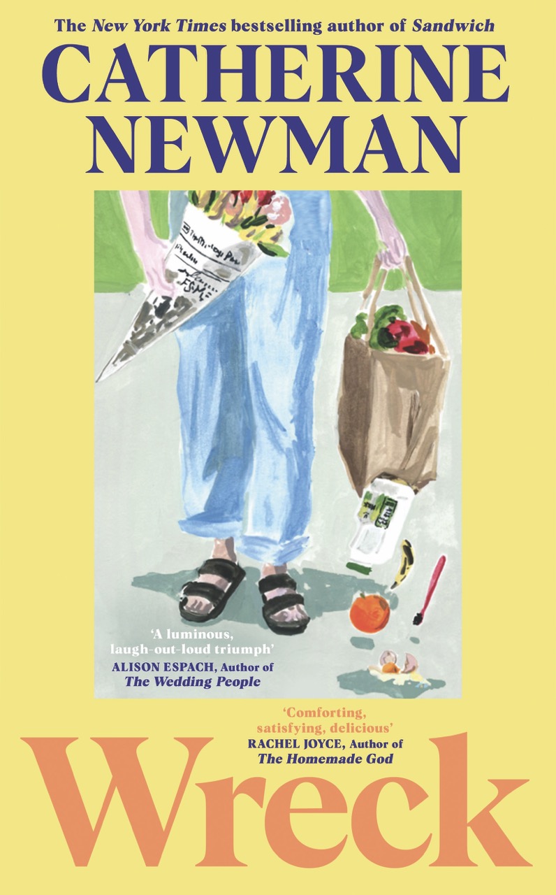 Wreck by Catherine Newman The yellow front cover of a book titled Wreck with an illustration of someone in jeans dropping their shopping on the front