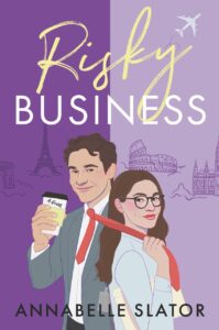 The purple front cover of a book titled "Risky Business" and featuring a drawn man and woman with different European landmarks behind them