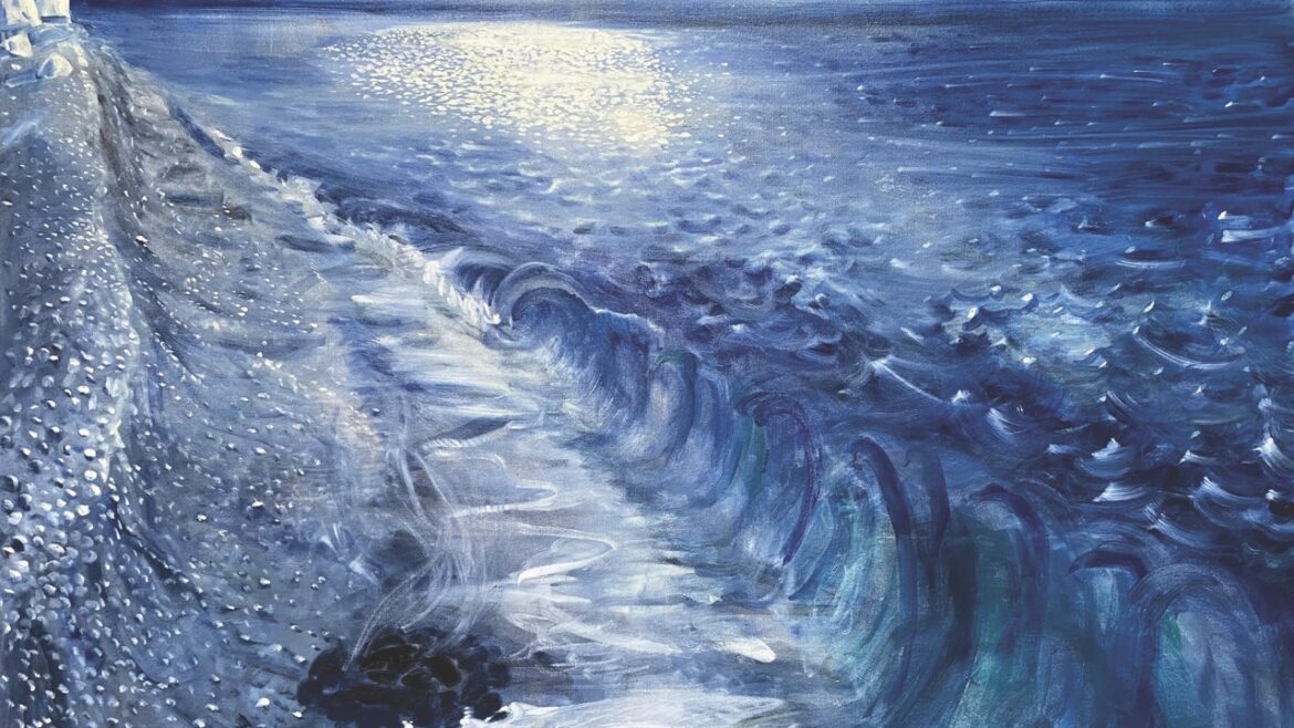 A piece of artwork showing a surreal painting of the sea crashing onto a stoney beach at night